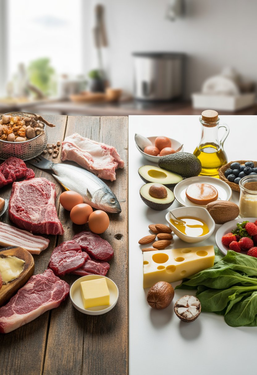 A split image showing carnivore diet foods like meat and eggs on one side and keto diet foods like avocados, nuts, and cheese on the other side.