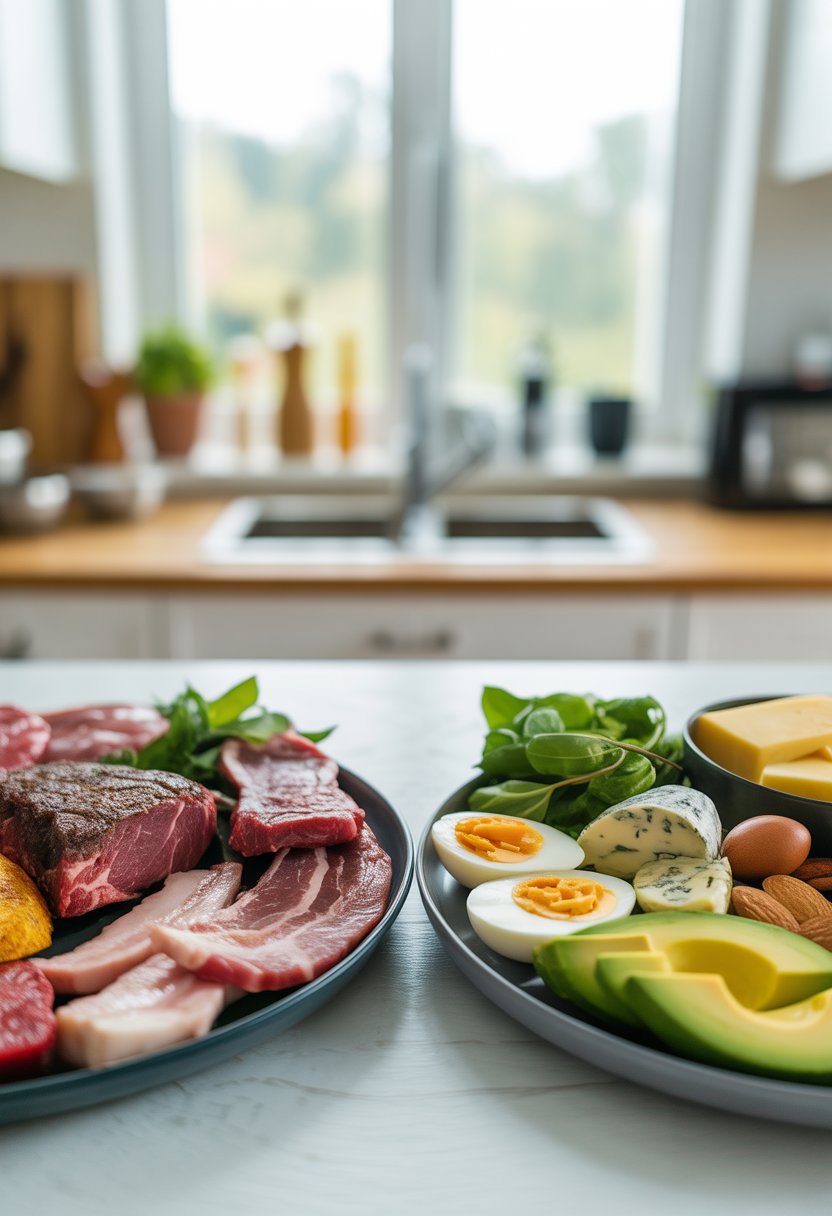 Two plates on a kitchen counter, one with various meats and the other with keto-friendly foods like avocado, eggs, nuts, and cheese.