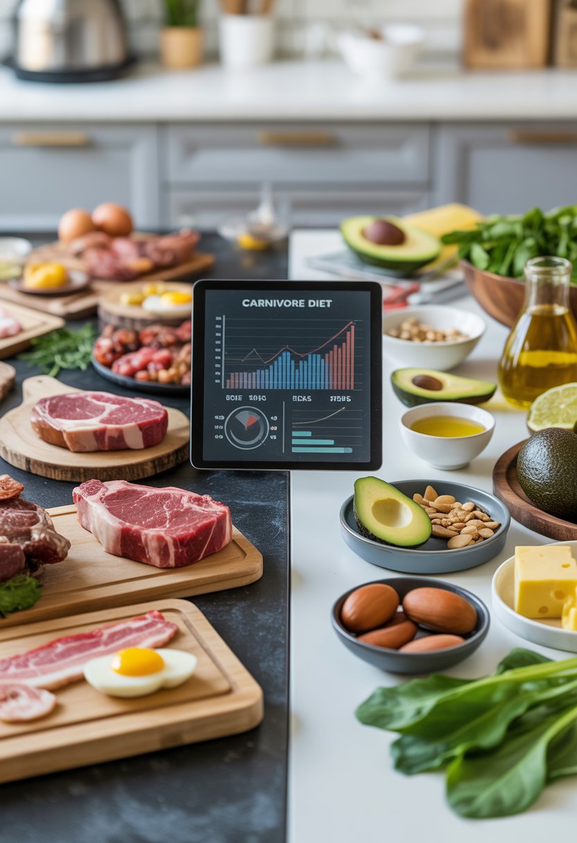 A kitchen table with two halves showing carnivore diet foods on one side and keto diet foods on the other, with a tablet displaying charts in the middle.